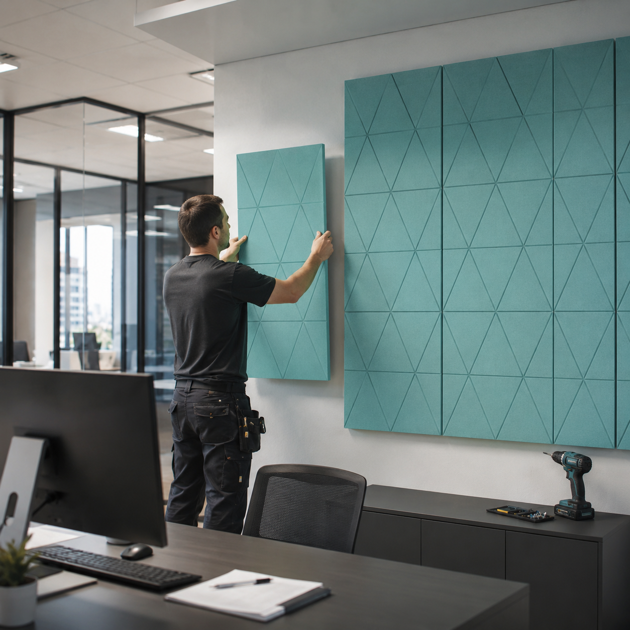 Instalación de paneles acústicos amarillos sobre una pared